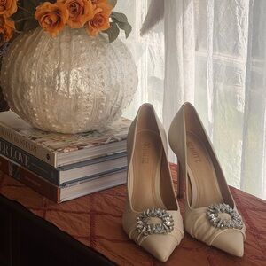 SCHUTZ Cream Satin Jeweled Pointed-Toe Pumps